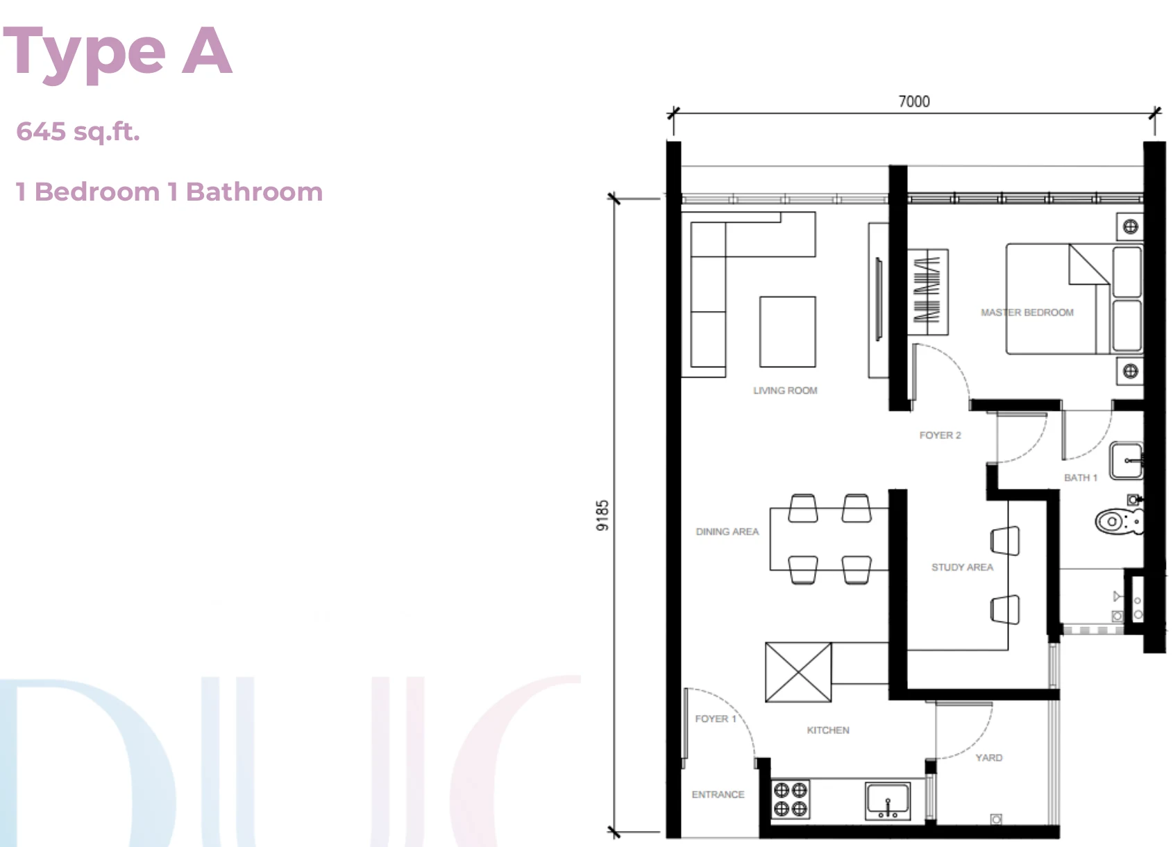 Official Type A 645 square foot floor plan